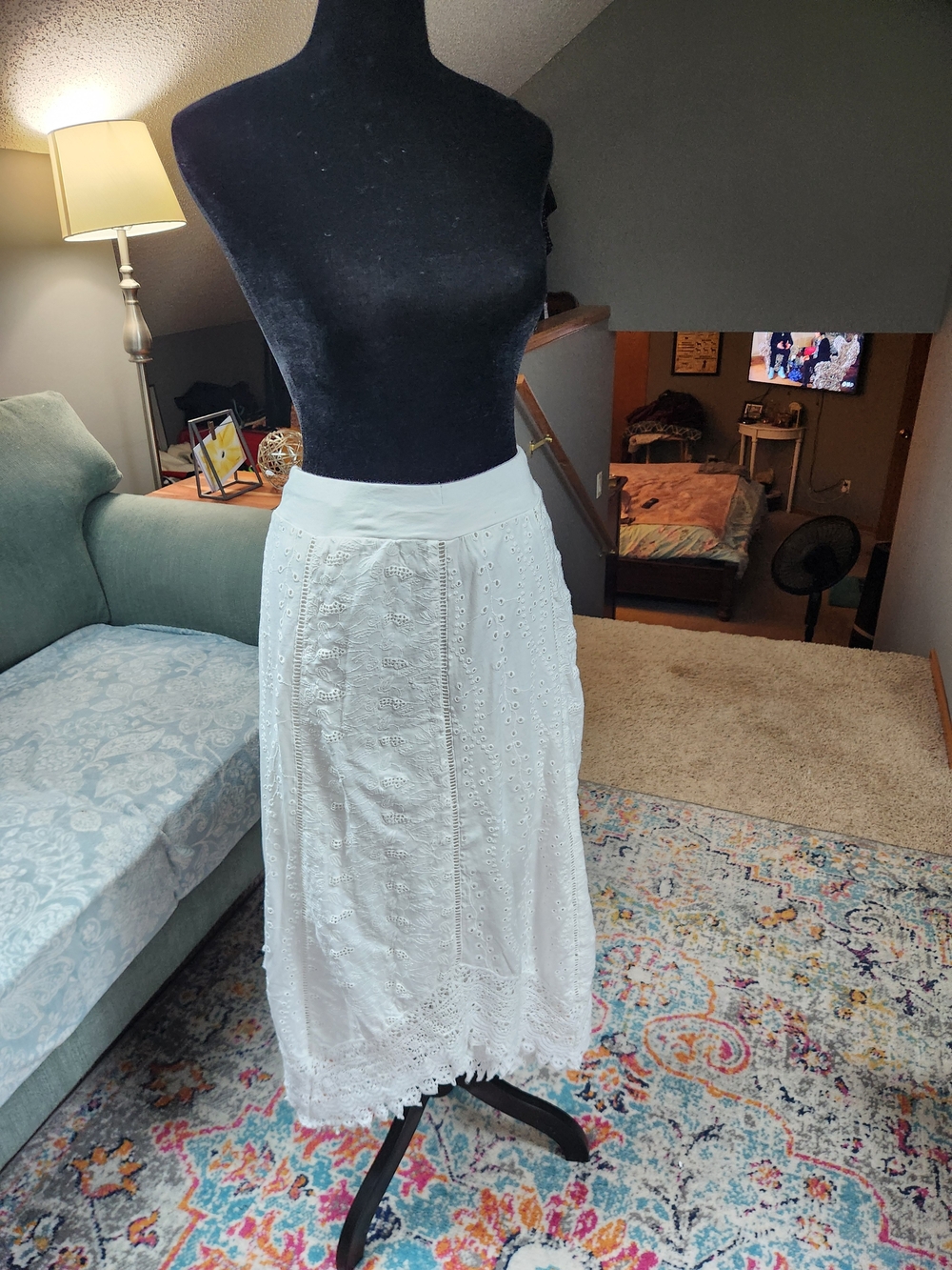 Chico's Embroidered Eyelet Midi Skirt White Size XL Cotton Boho Gorgeous